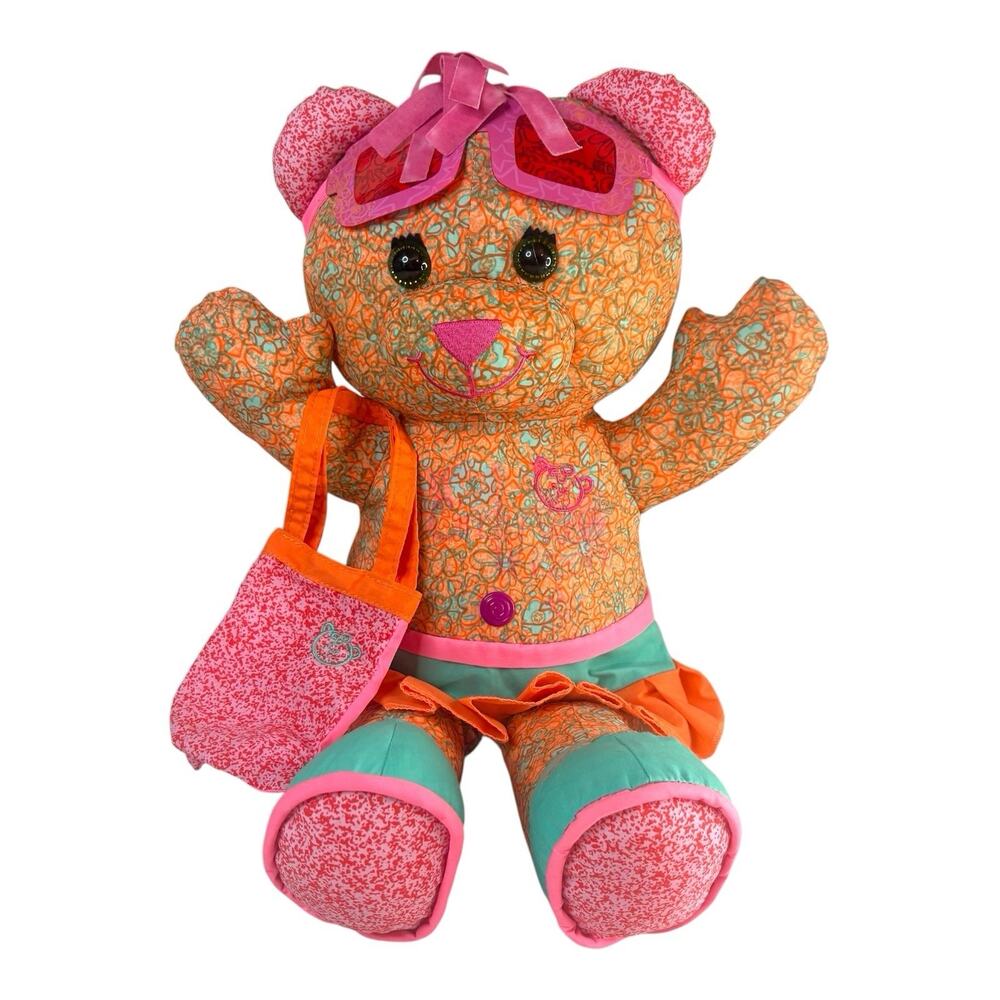 Vintage 2005 "Doodle Bear" 18" Orange Teal Floral Summer Jakks Pacific Stuffed